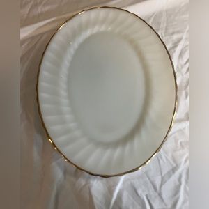 Vintage Anchor Hocking Fire King Oval Swirl Platter with Gold Trim. 13” x 9.75”